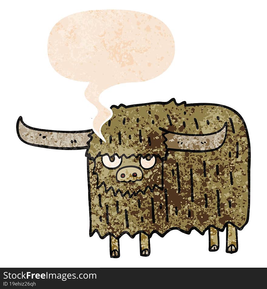 cartoon hairy cow with speech bubble in grunge distressed retro textured style. cartoon hairy cow with speech bubble in grunge distressed retro textured style