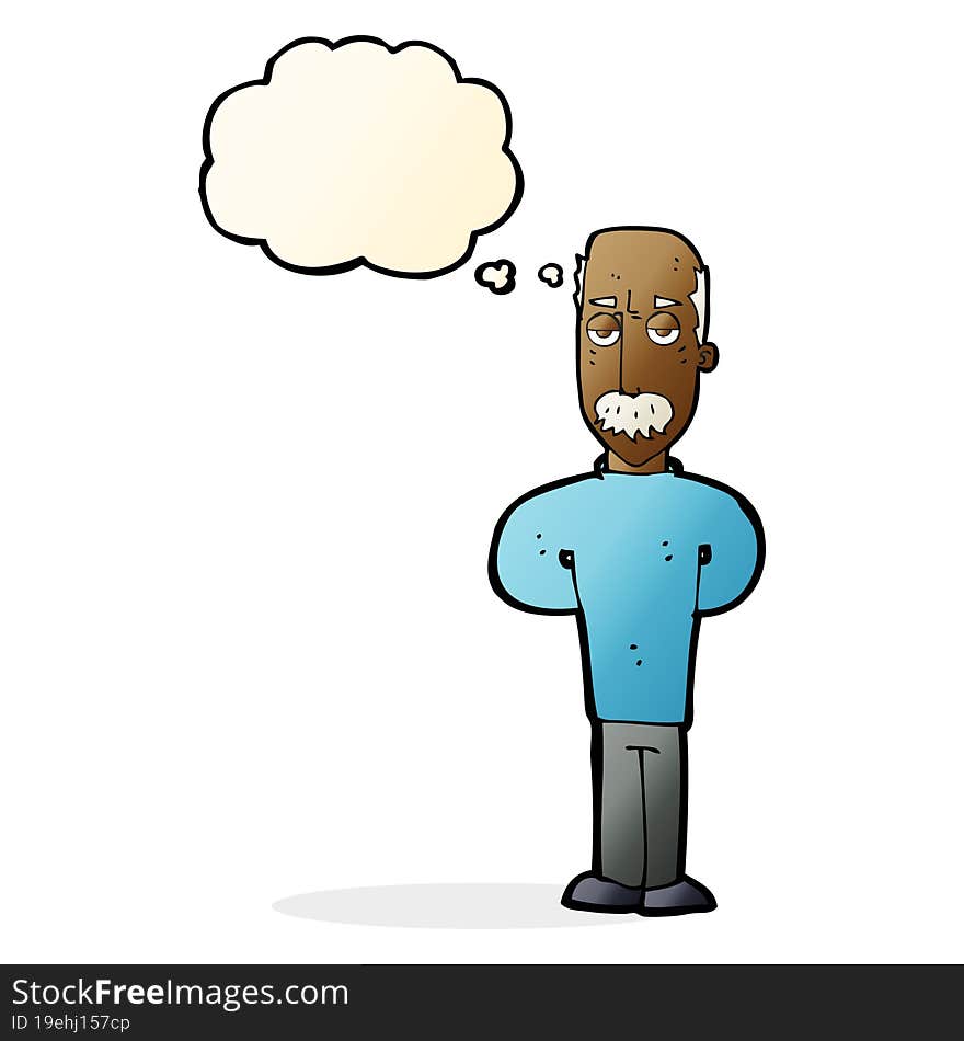 cartoon annoyed balding man with thought bubble