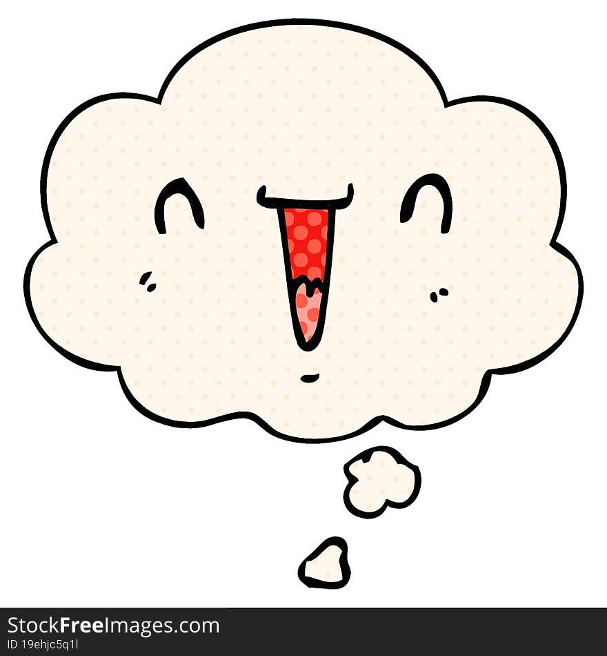 cute happy cartoon face with thought bubble in comic book style