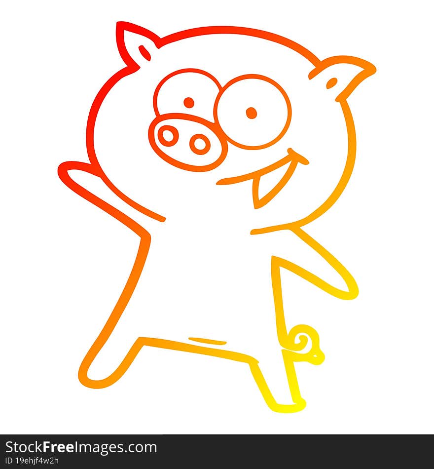 warm gradient line drawing of a cheerful dancing pig cartoon