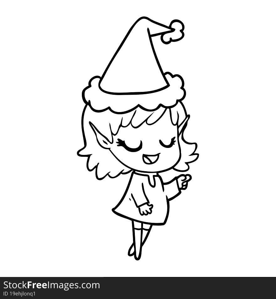 happy line drawing of a elf girl pointing wearing santa hat