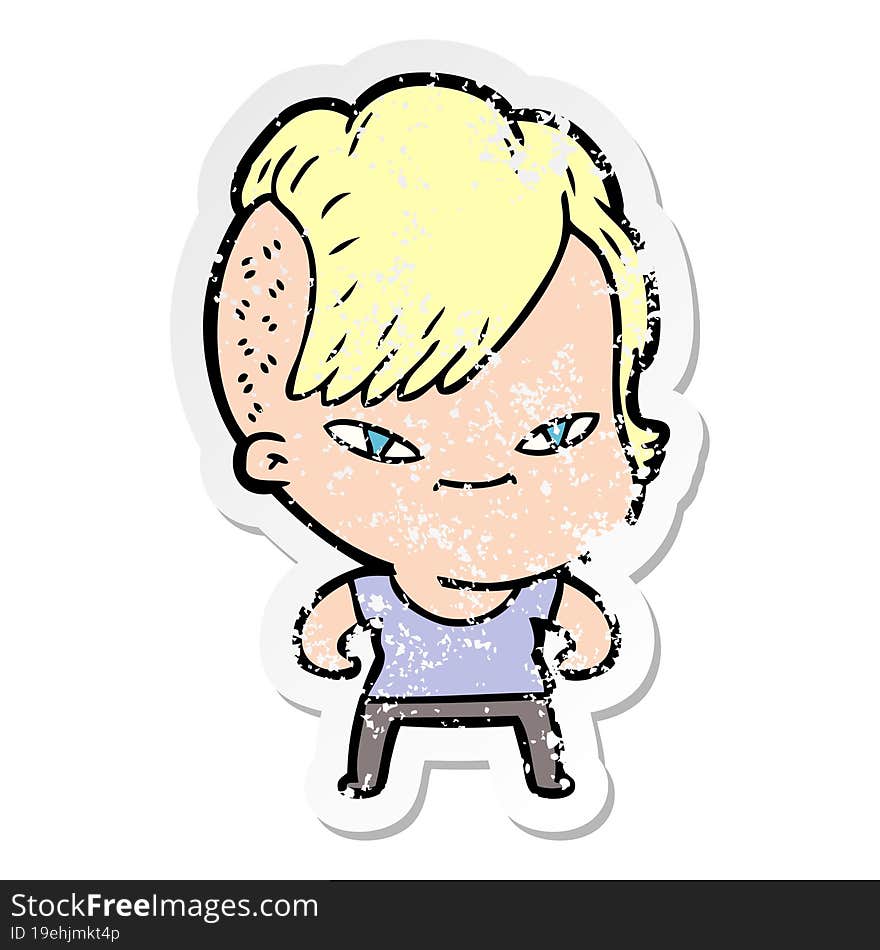 Distressed Sticker Of A Cute Cartoon Girl With Hipster Haircut