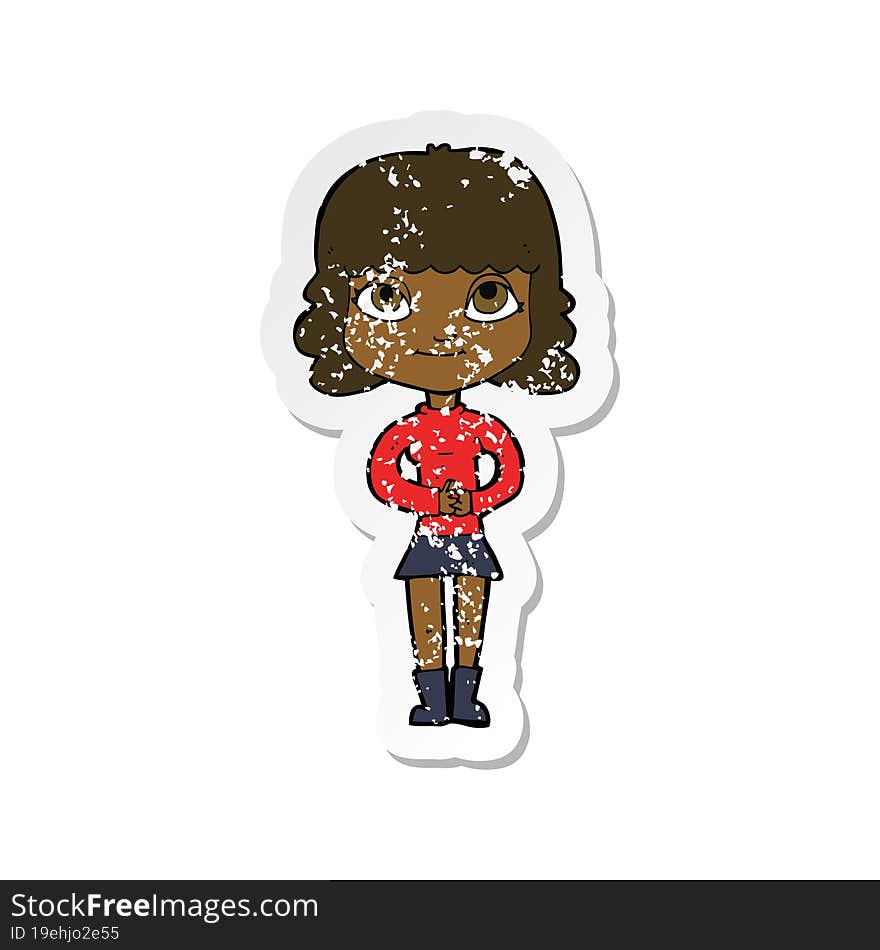 retro distressed sticker of a cartoon happy woman