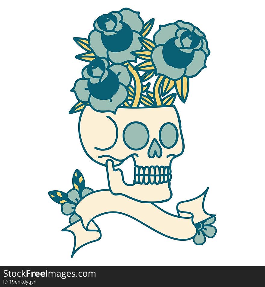 Tattoo With Banner Of A Skull And Roses