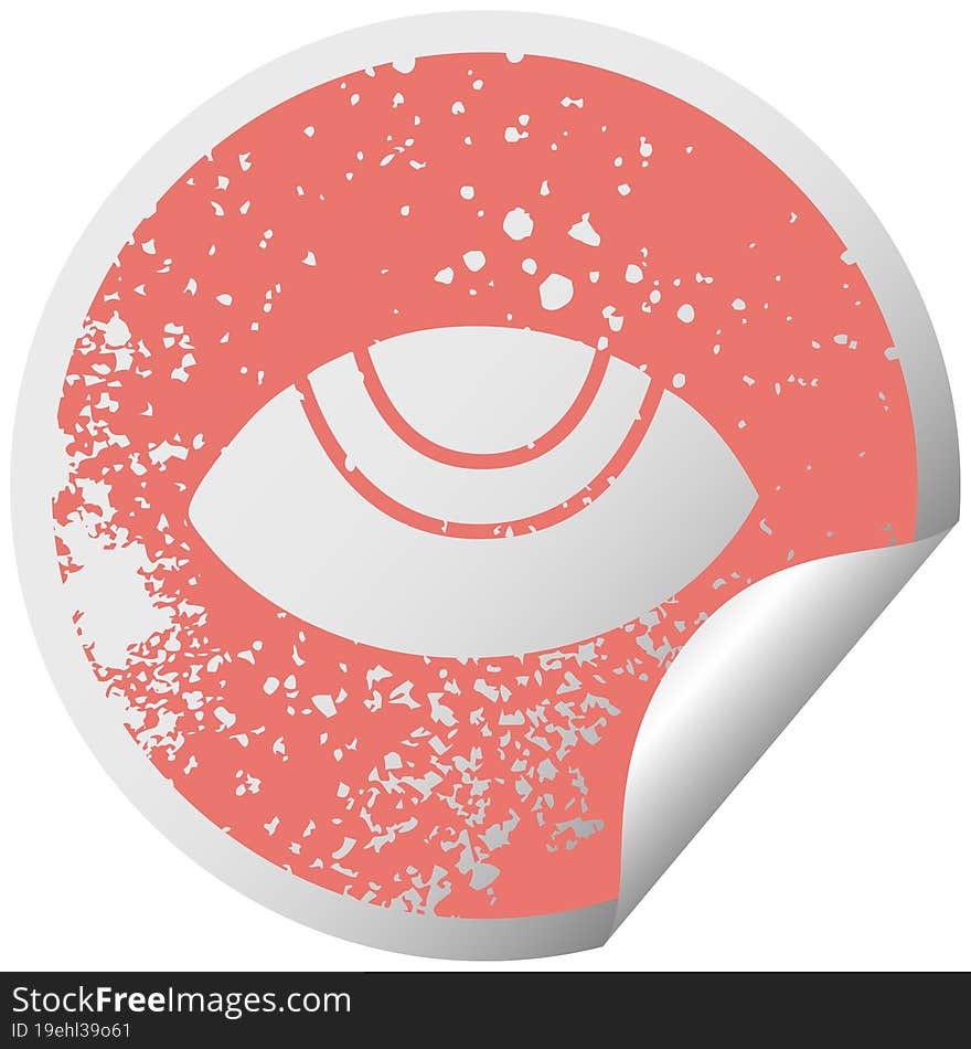 distressed circular peeling sticker symbol of a eye looking up