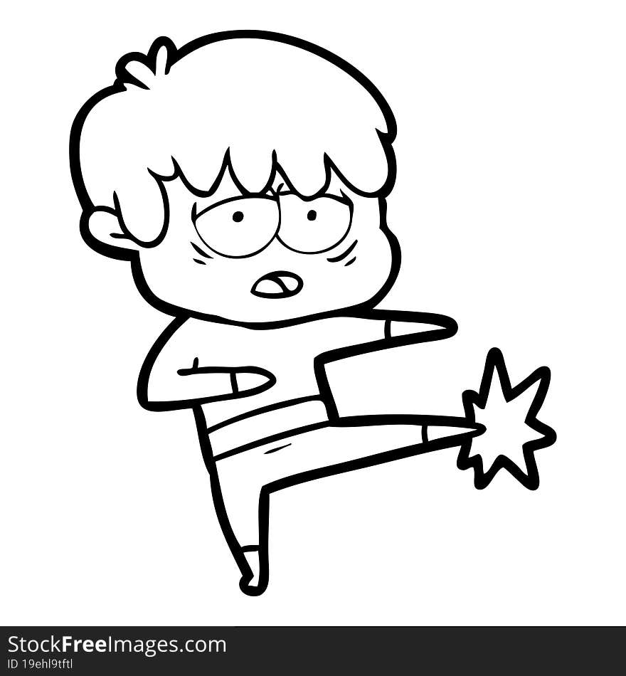 cartoon exhausted boy doing karate. cartoon exhausted boy doing karate