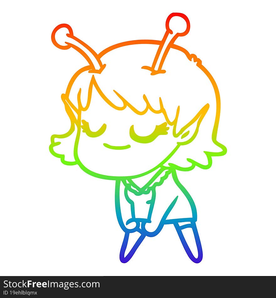 rainbow gradient line drawing of a smiling alien girl cartoon