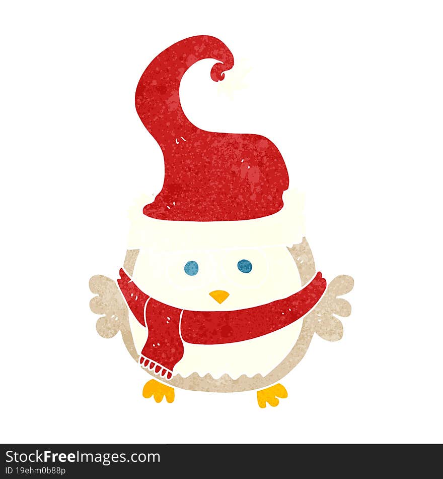 Retro Cartoon Owl Wearing Christmas Hat