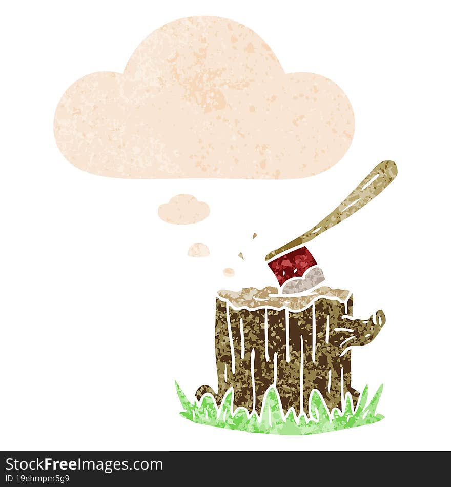 cartoon axe in tree stump and thought bubble in retro textured style