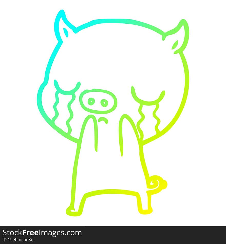 cold gradient line drawing of a cartoon pig crying