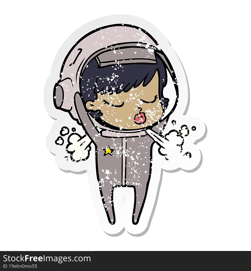 Distressed Sticker Of A Cartoon Pretty Astronaut Girl Taking Off Helmet