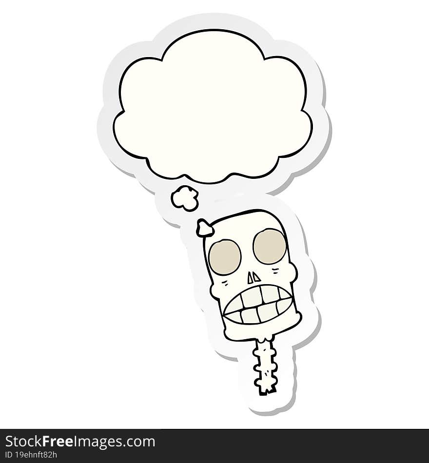 cartoon spooky skull and thought bubble as a printed sticker