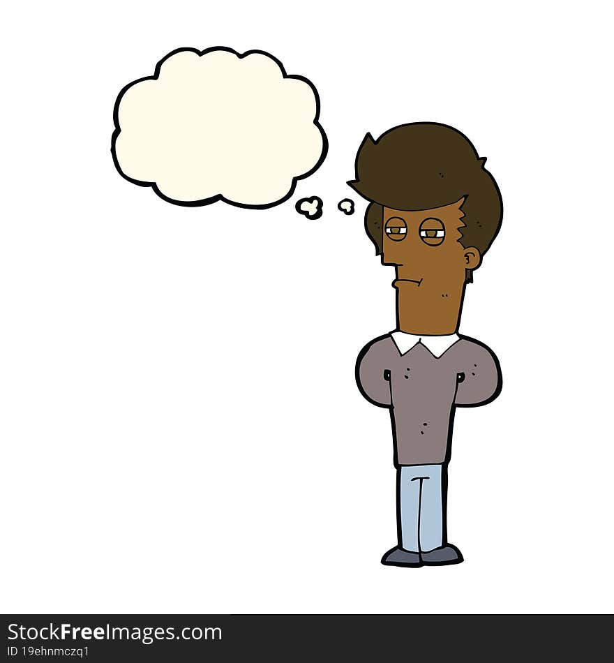 cartoon jaded man with thought bubble