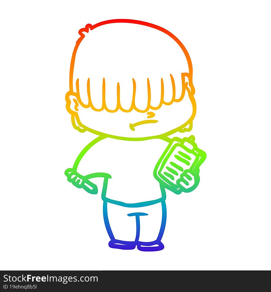 rainbow gradient line drawing of a cartoon boy with untidy hair