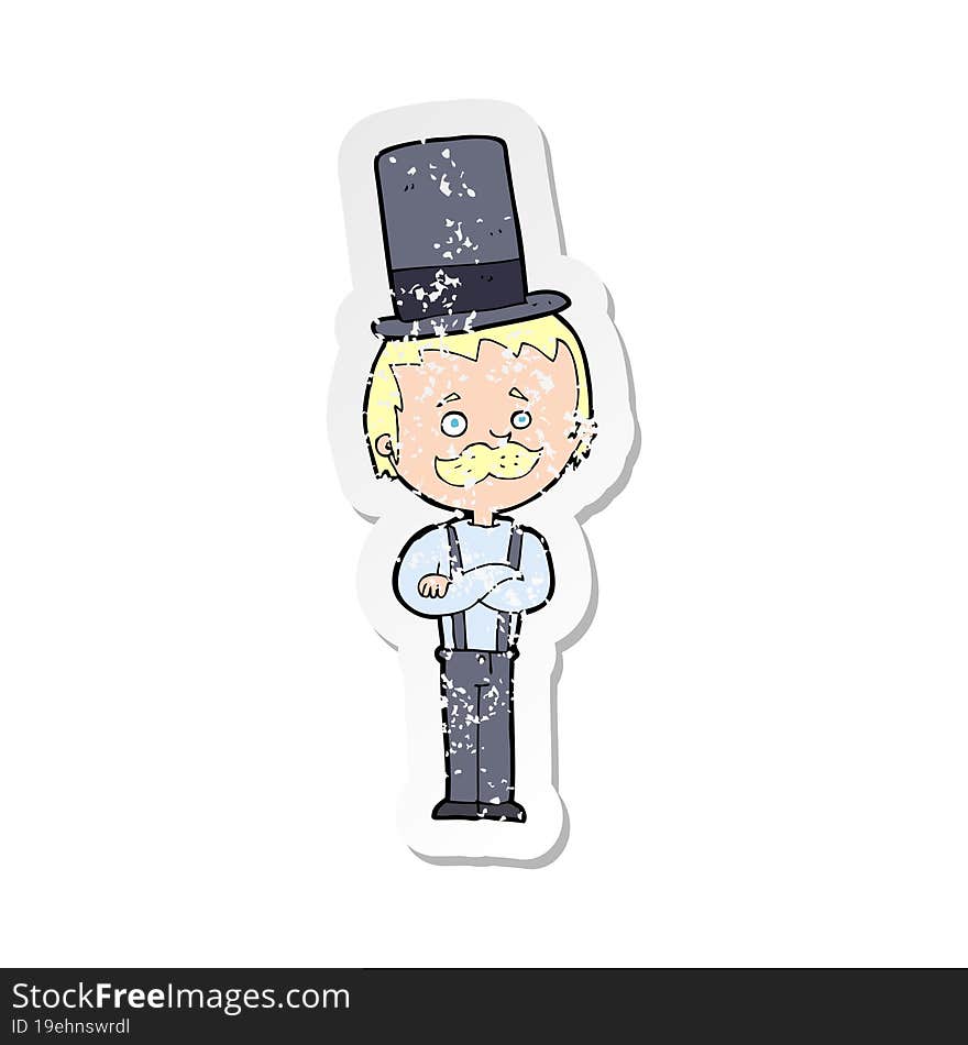 retro distressed sticker of a cartoon man in top hat