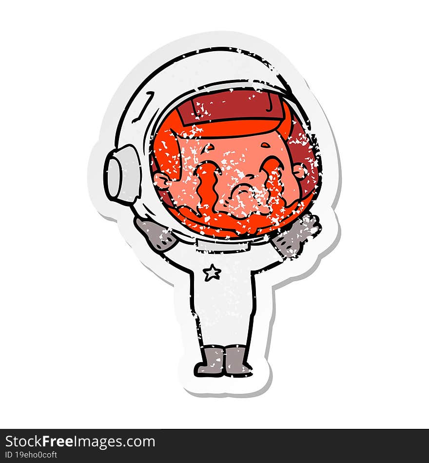 distressed sticker of a cartoon crying astronaut