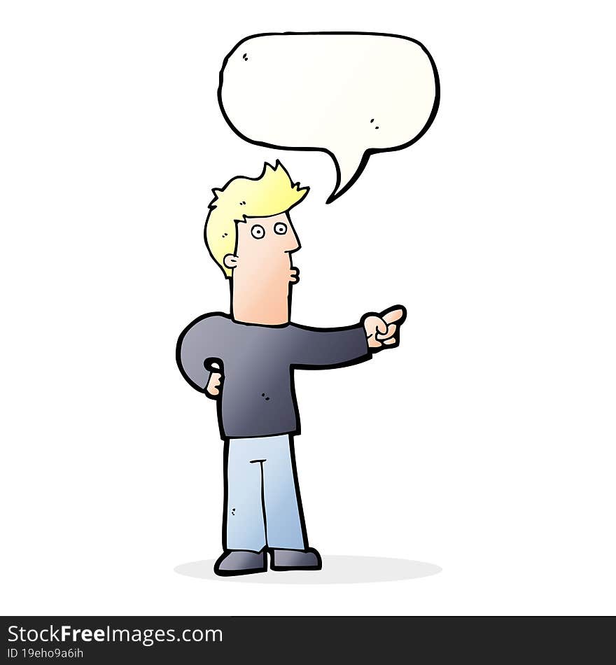 cartoon curious man pointing with speech bubble