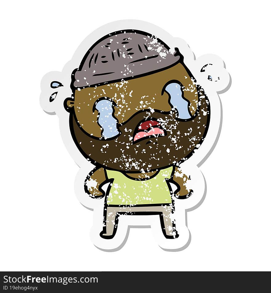 distressed sticker of a cartoon bearded man crying