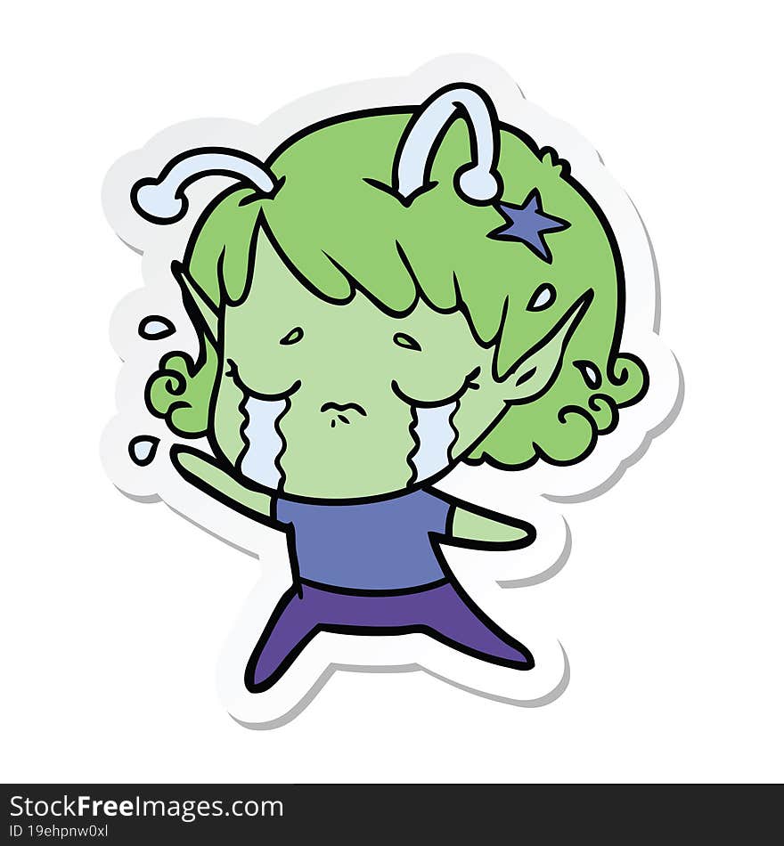 sticker of a cartoon crying alien girl