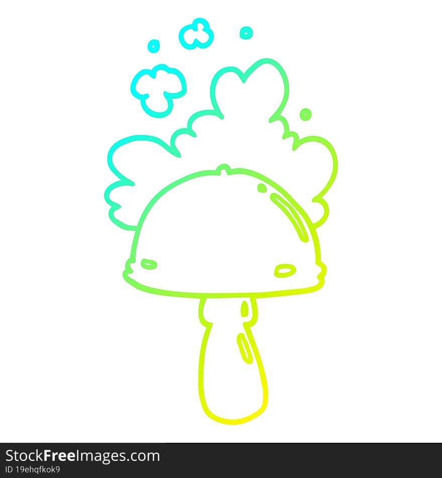 cold gradient line drawing of a cartoon mushroom with spore cloud