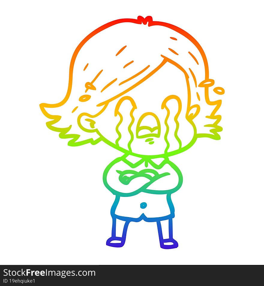 rainbow gradient line drawing of a cartoon woman crying