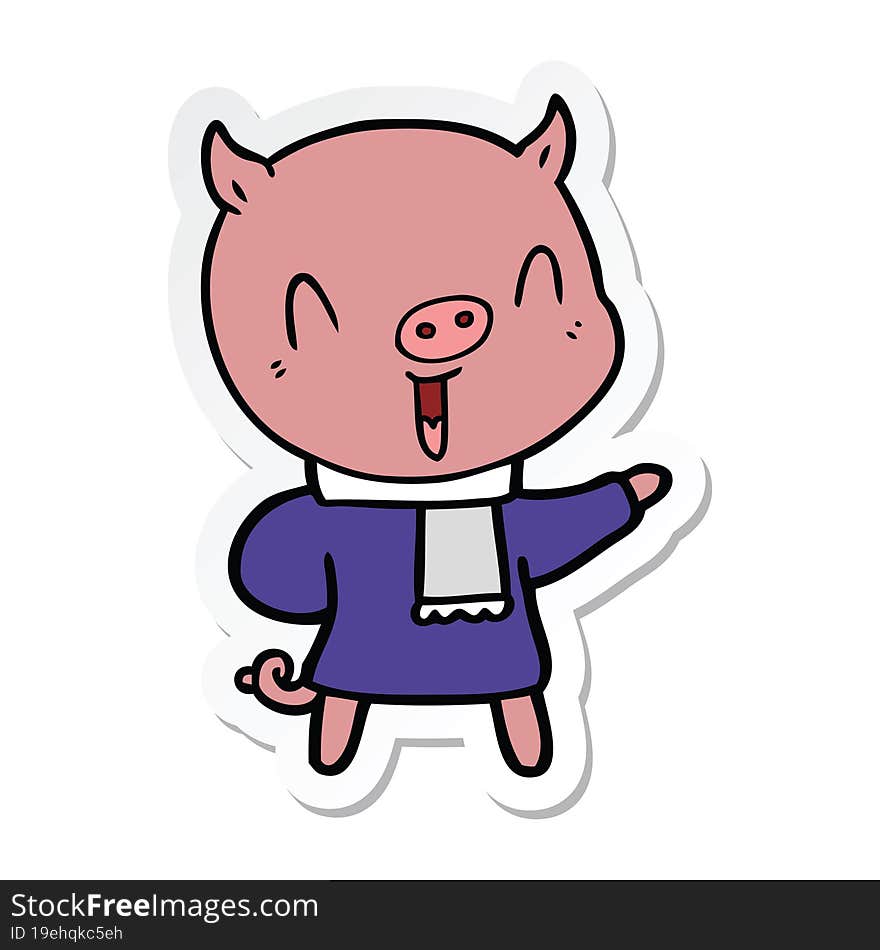 sticker of a happy cartoon pig in winter clothes