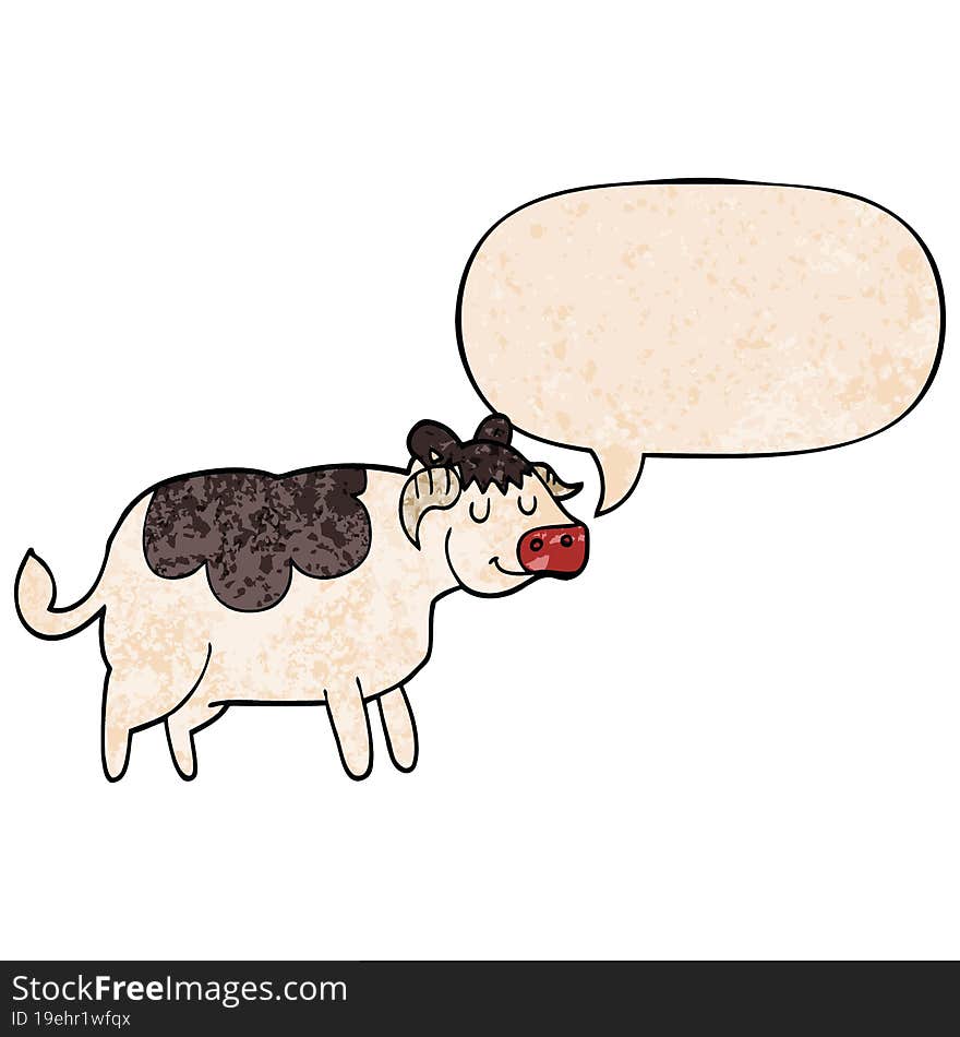 cartoon cow with speech bubble in retro texture style