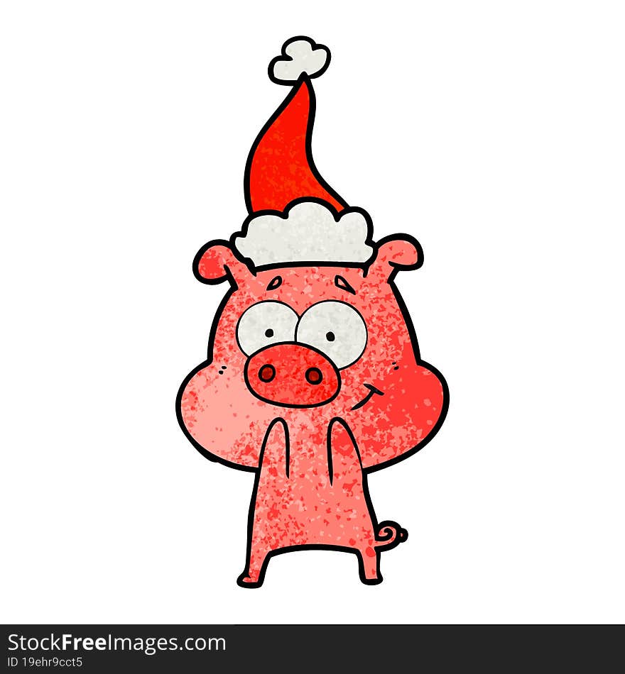 happy textured cartoon of a pig wearing santa hat