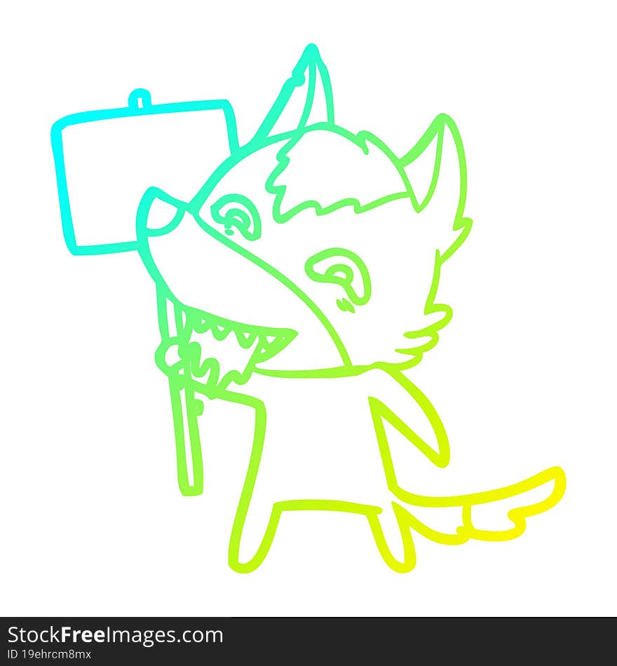 cold gradient line drawing of a cartoon hungry wolf with sign post