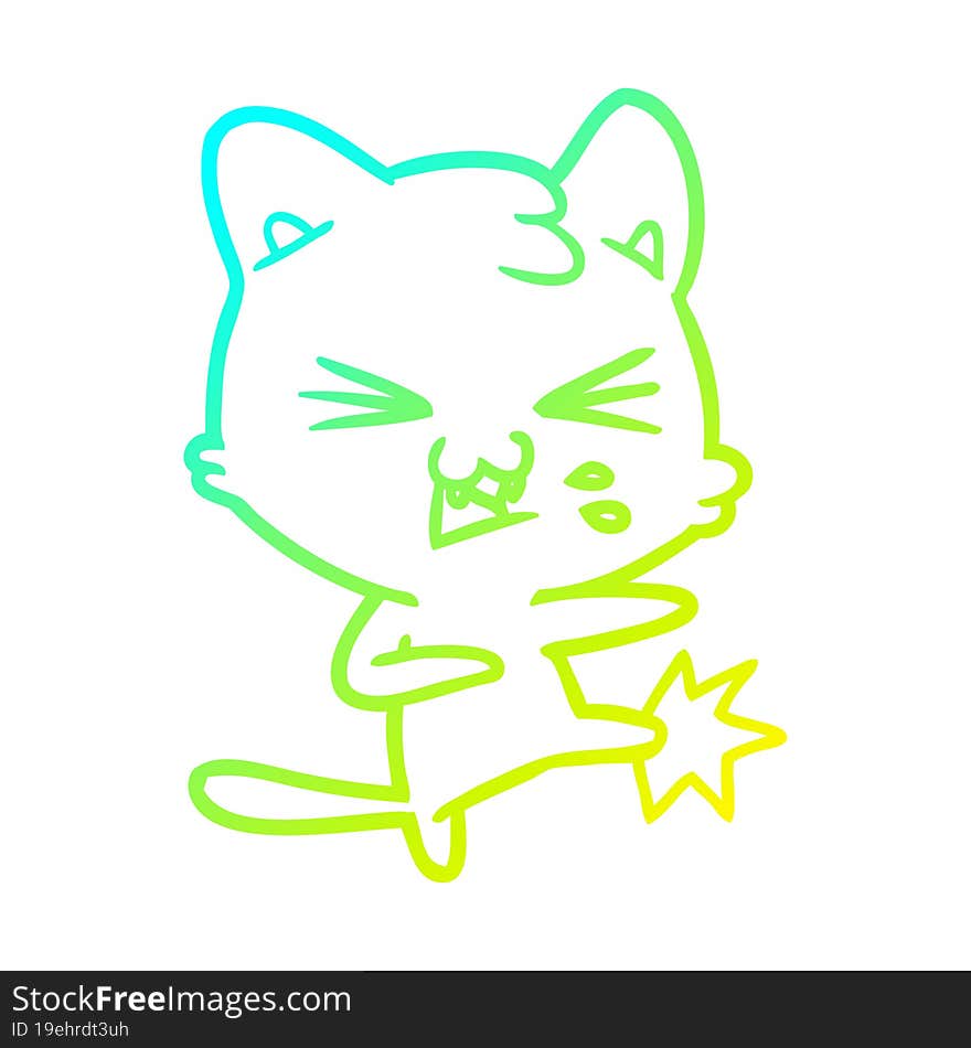 cold gradient line drawing of a cartoon cat hissing