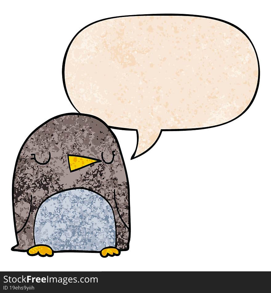 cartoon penguin and speech bubble in retro texture style