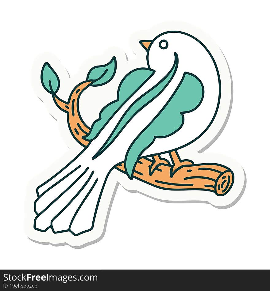 sticker of tattoo in traditional style of a bird on a branch. sticker of tattoo in traditional style of a bird on a branch