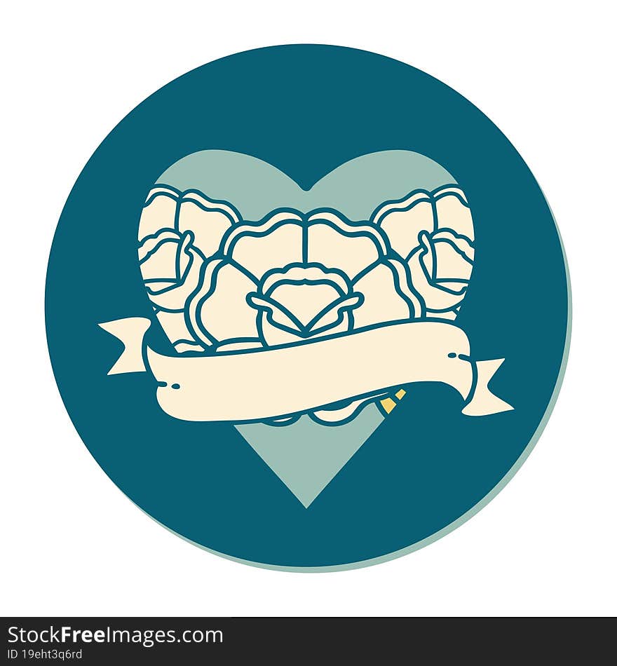 Tattoo Style Sticker Of A Heart And Banner With Flowers