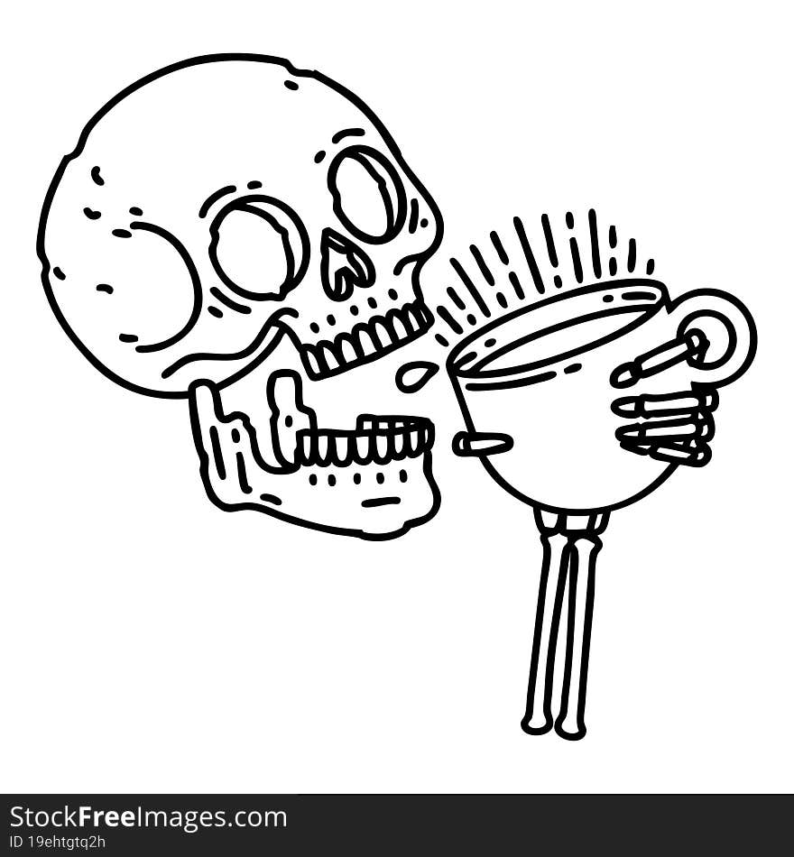 black line tattoo of a skull drinking coffee