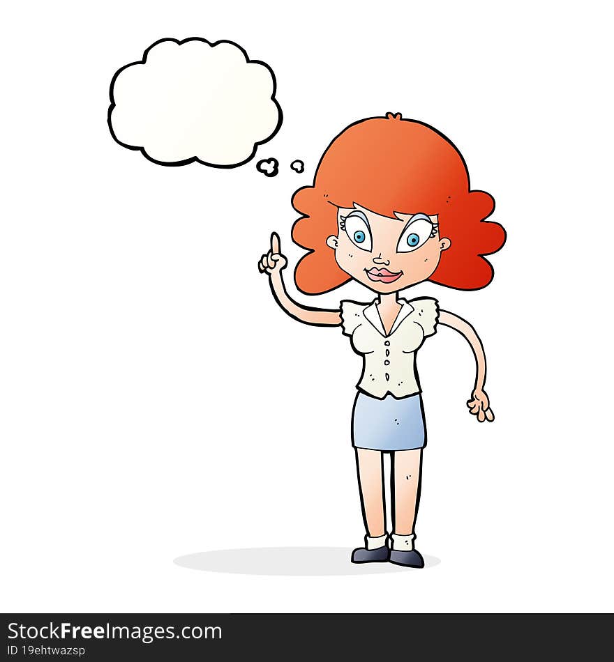 cartoon happy woman with idea with thought bubble