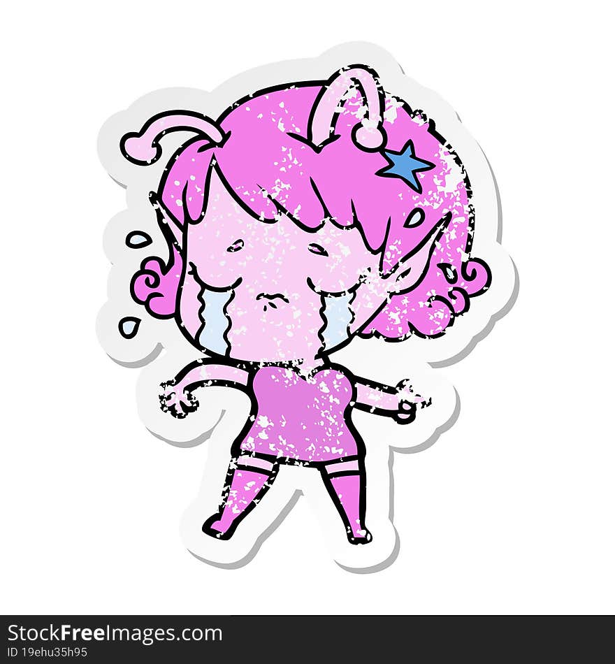 distressed sticker of a cartoon crying alien girl