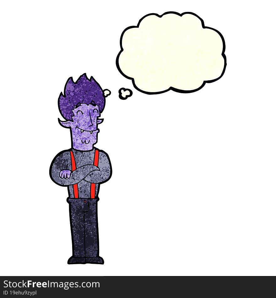 cartoon happy vampire man with thought bubble