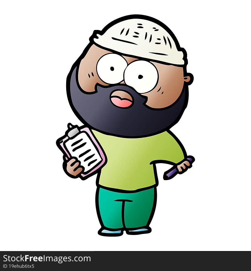 cartoon bearded man with clipboard and pen. cartoon bearded man with clipboard and pen