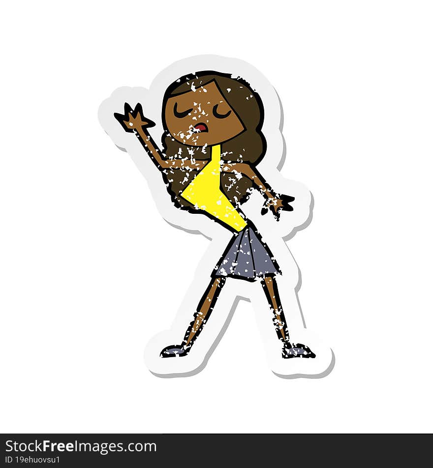 retro distressed sticker of a cartoon woman dancing