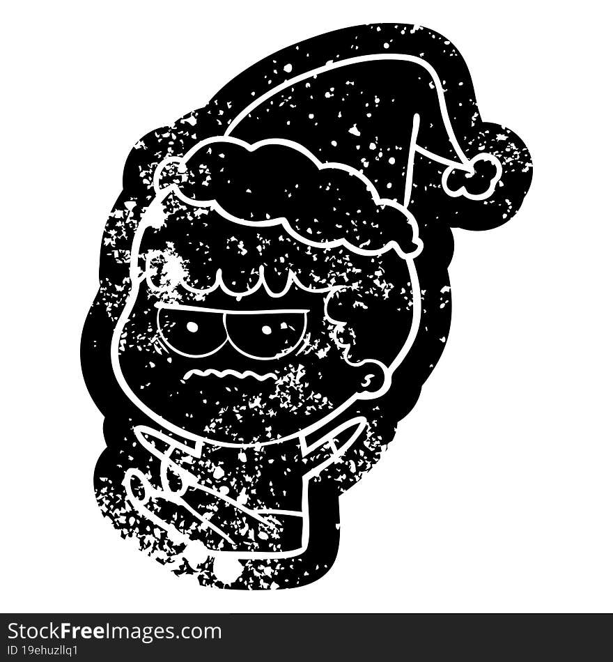 cartoon distressed icon of a annoyed man wearing santa hat