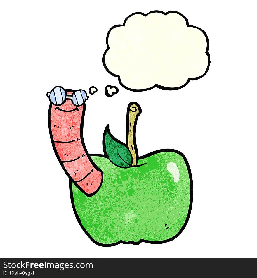 cartoon apple with worm with thought bubble