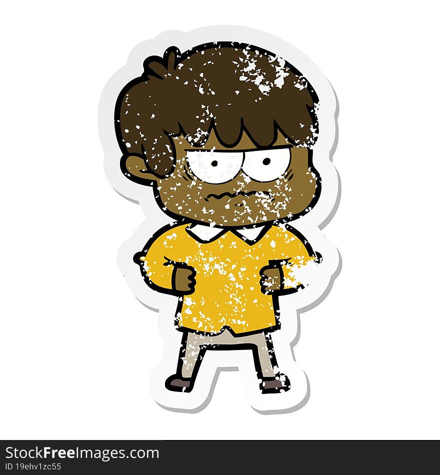 distressed sticker of a annoyed cartoon boy