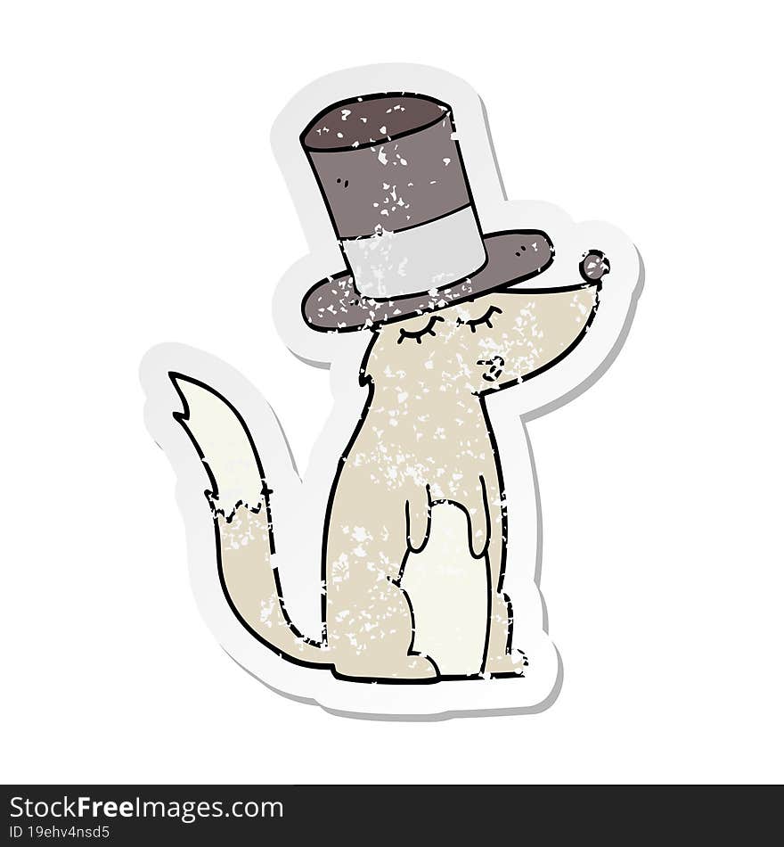 distressed sticker of a cartoon wolf whistling wearing top hat