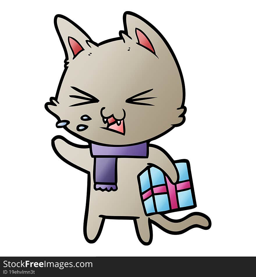 cartoon hissing cat with christmas present. cartoon hissing cat with christmas present