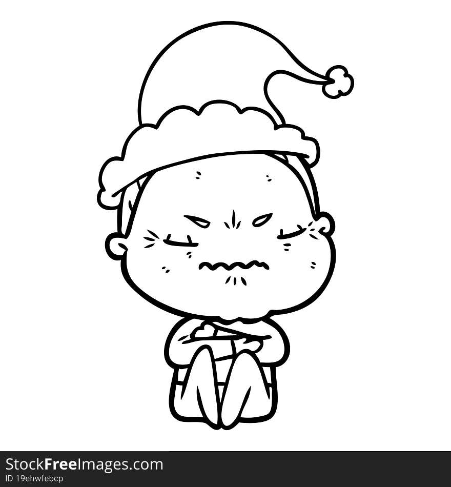 hand drawn line drawing of a annoyed old lady wearing santa hat