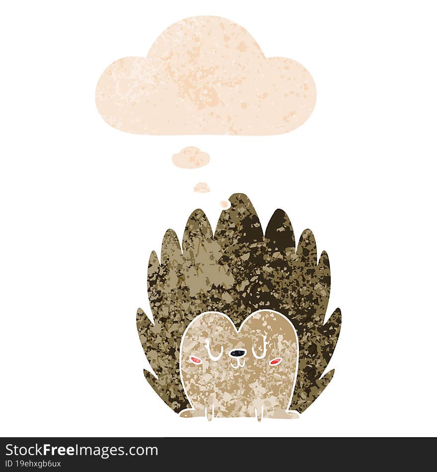 cute cartoon hedgehog and thought bubble in retro textured style