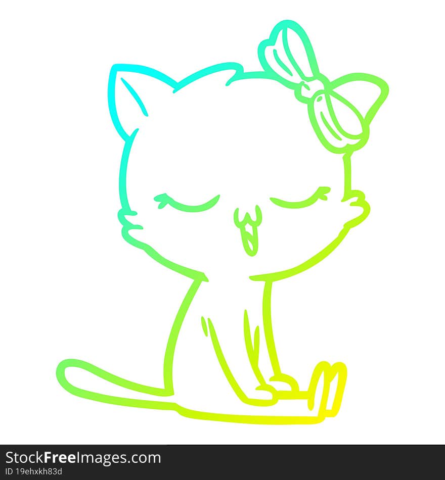 cold gradient line drawing cartoon cat with bow on head