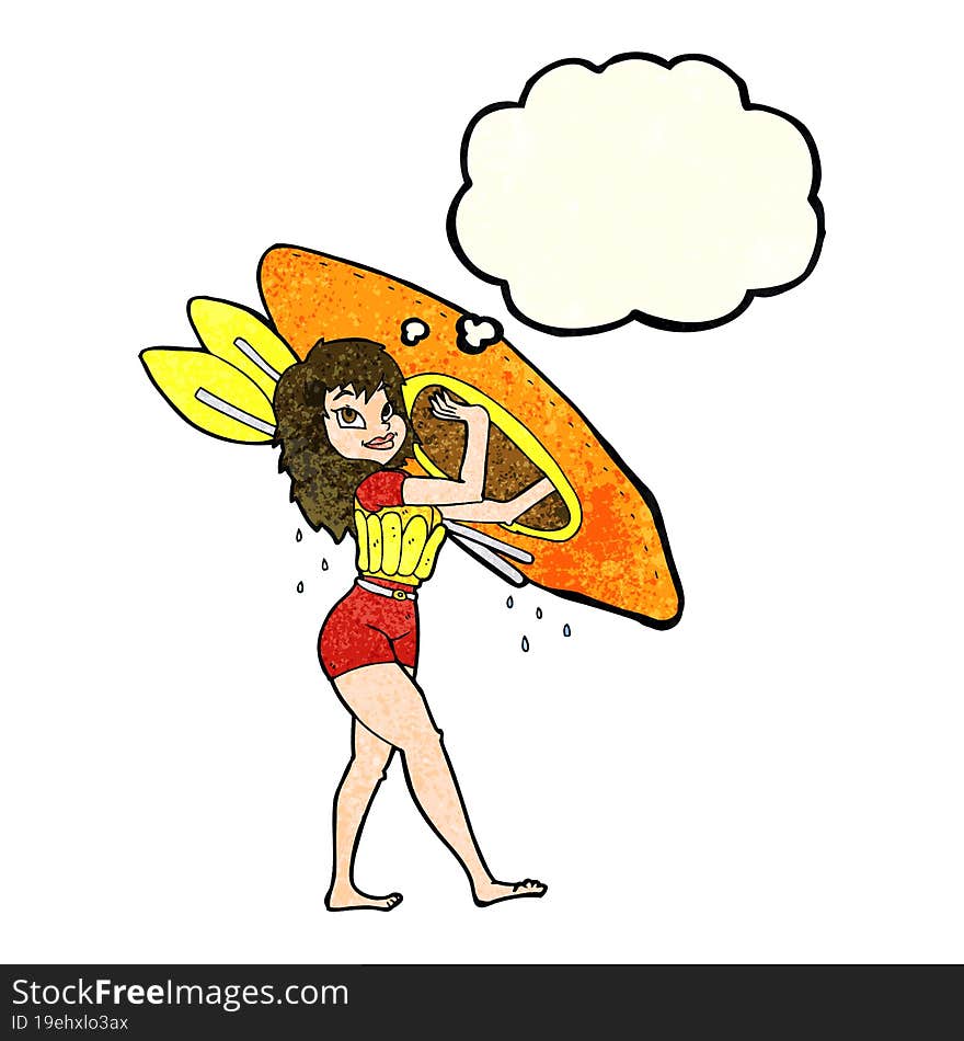 cartoon woman carrying canoe with thought bubble