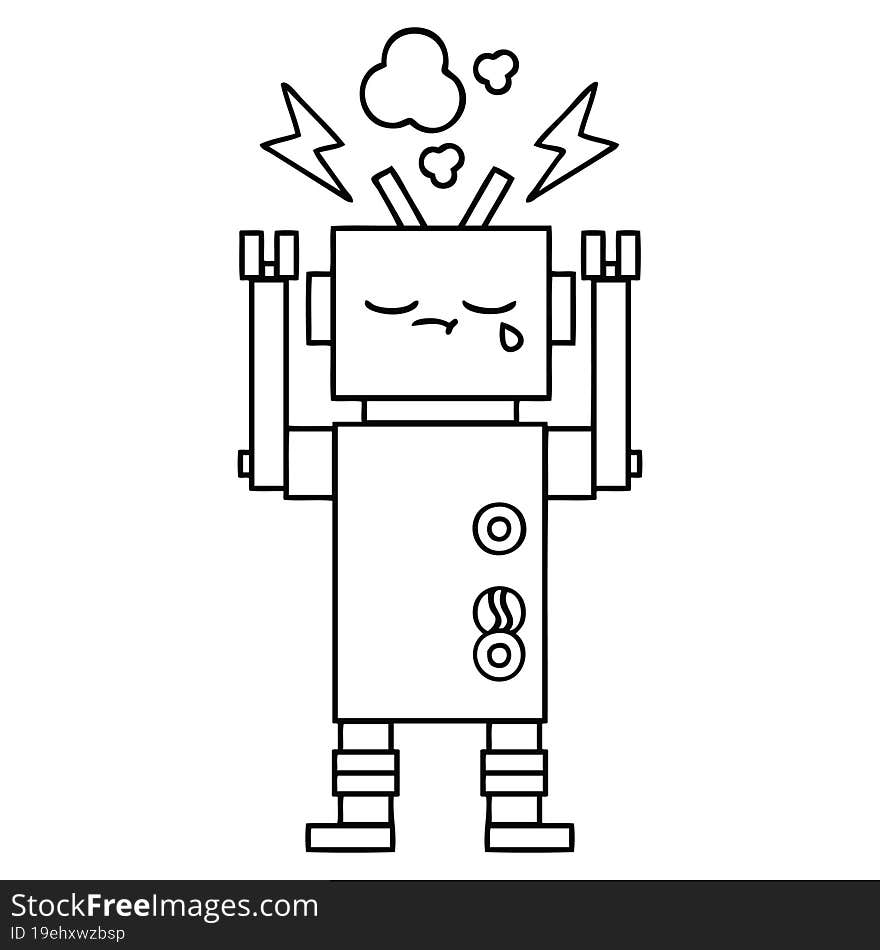 line drawing cartoon of a crying robot