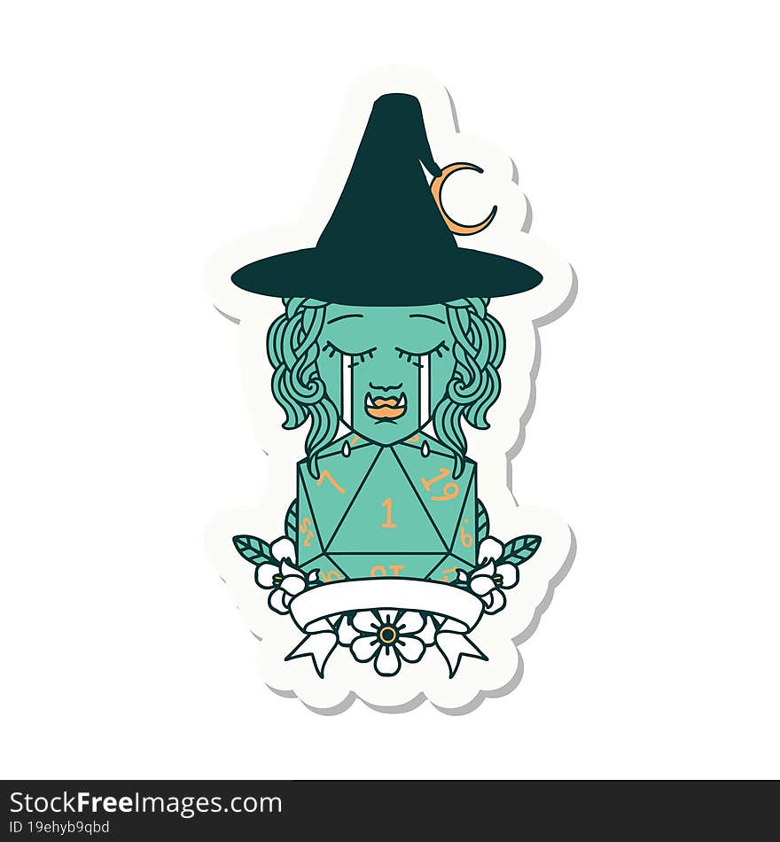 crying half orc witch character with natural one roll sticker